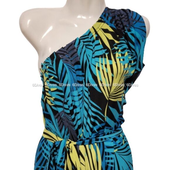 NEW One Shoulder Sexy Blue and Yellow Tropical Palms Print Summer Dress - Picture 3 of 8